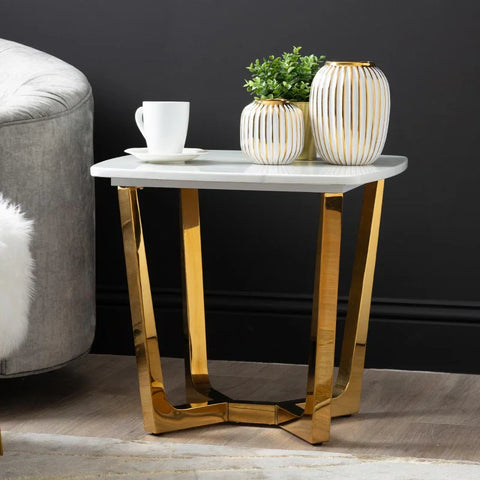 Meghan Gold Metal End Table with White Faux Marble Top