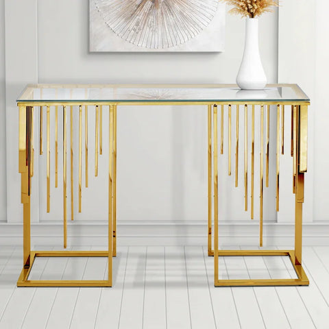 Owen Gold Metal Console Table with Clear Glass Top