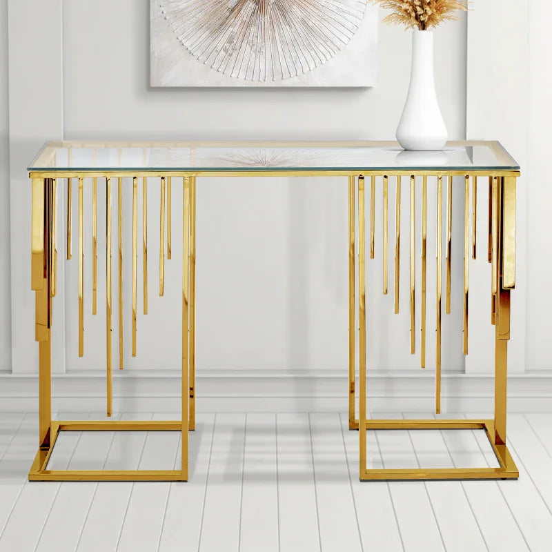 Owen Gold Metal Console Table with Clear Glass Top