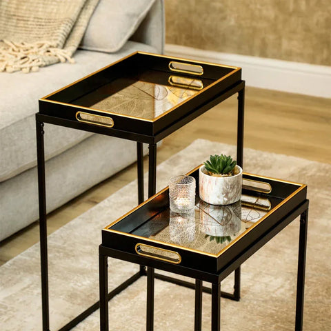 Set of 2 Antique Gold Leaves Nesting Table