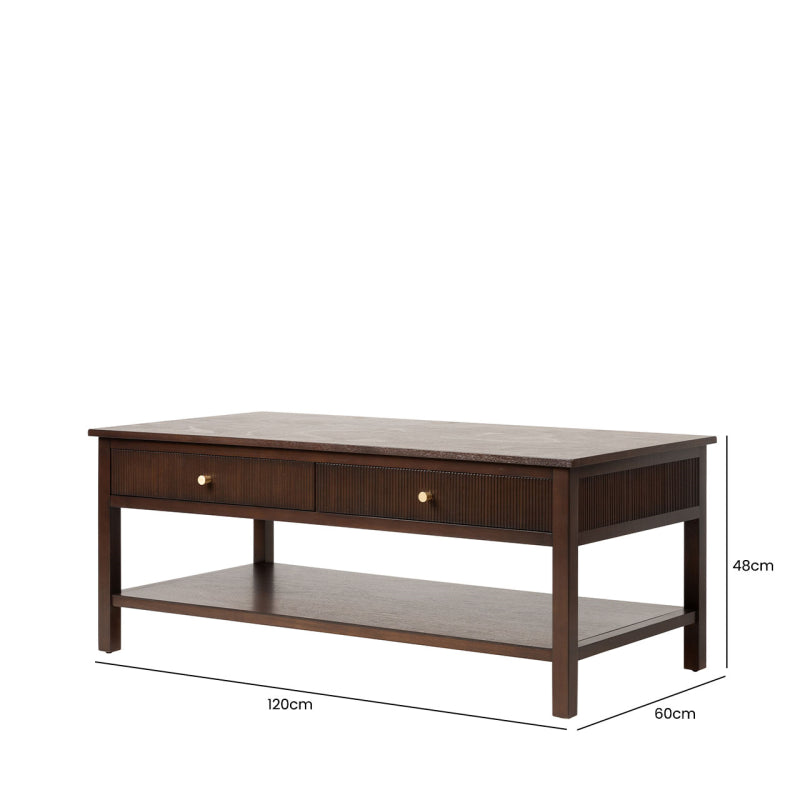 Lindon 2 Drawer Coffee Table Walnut Brown with Gold Handles