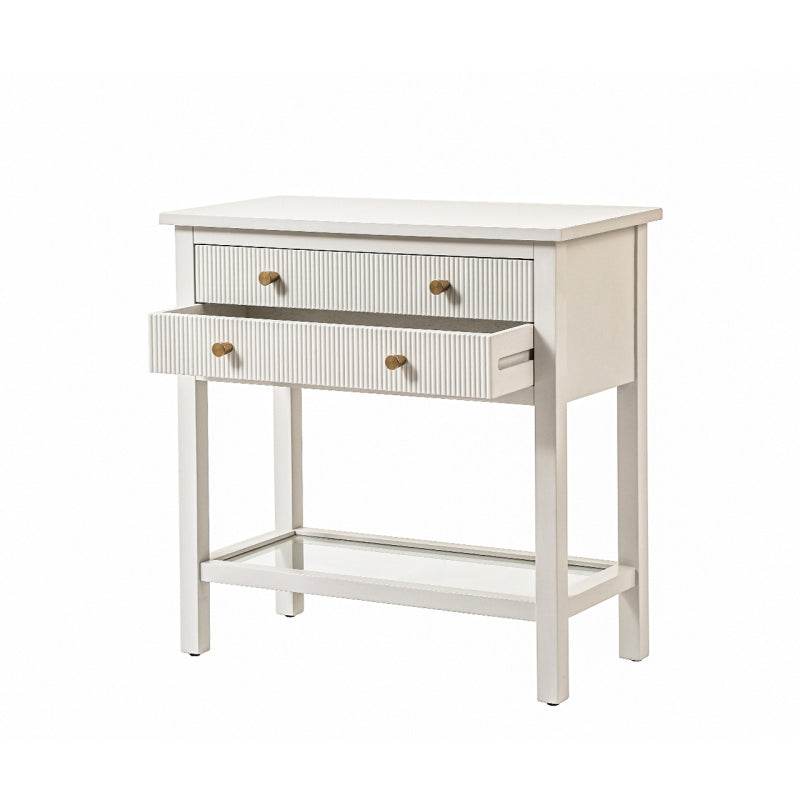 Lindon Frosty White 2 Drawer Bedside Cabinet with Clear Glass Shelf with Gold Handle
