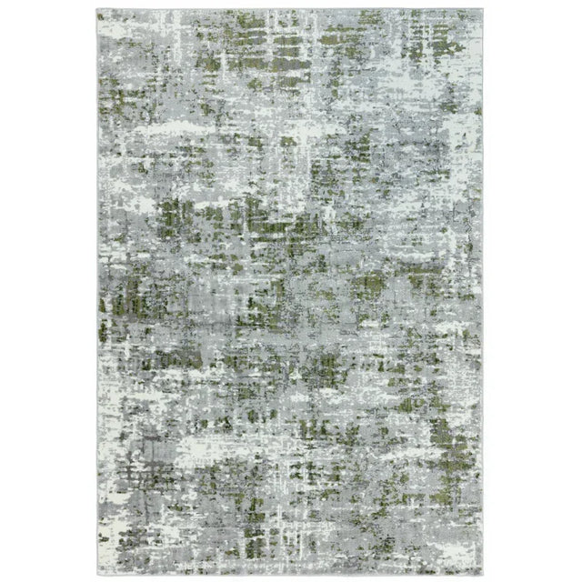 Abstract grey and green area rug with modern distressed pattern