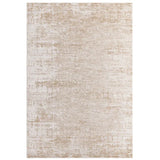 Beige distressed area rug with abstract textured pattern and rectangular shape