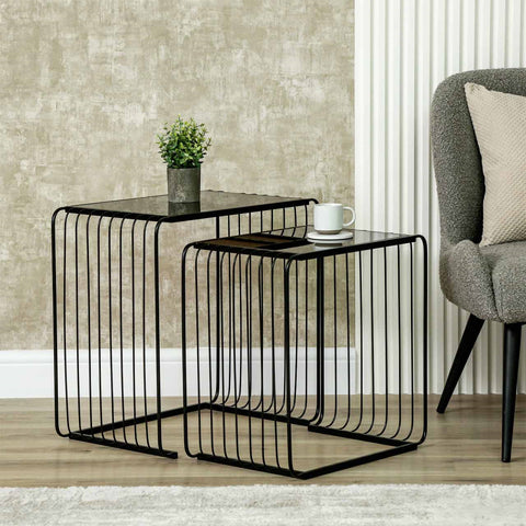 Set of 2 Black Metal with Black Glass Top Nesting Table