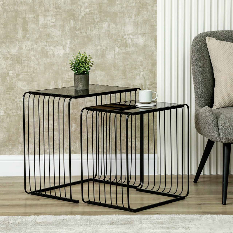 Set of 2 Black Metal with Black Glass Top Nesting Table