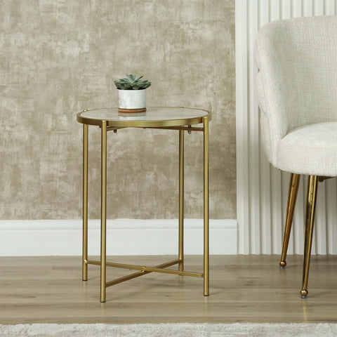55cm Gold Metal End Table with White Marble Top