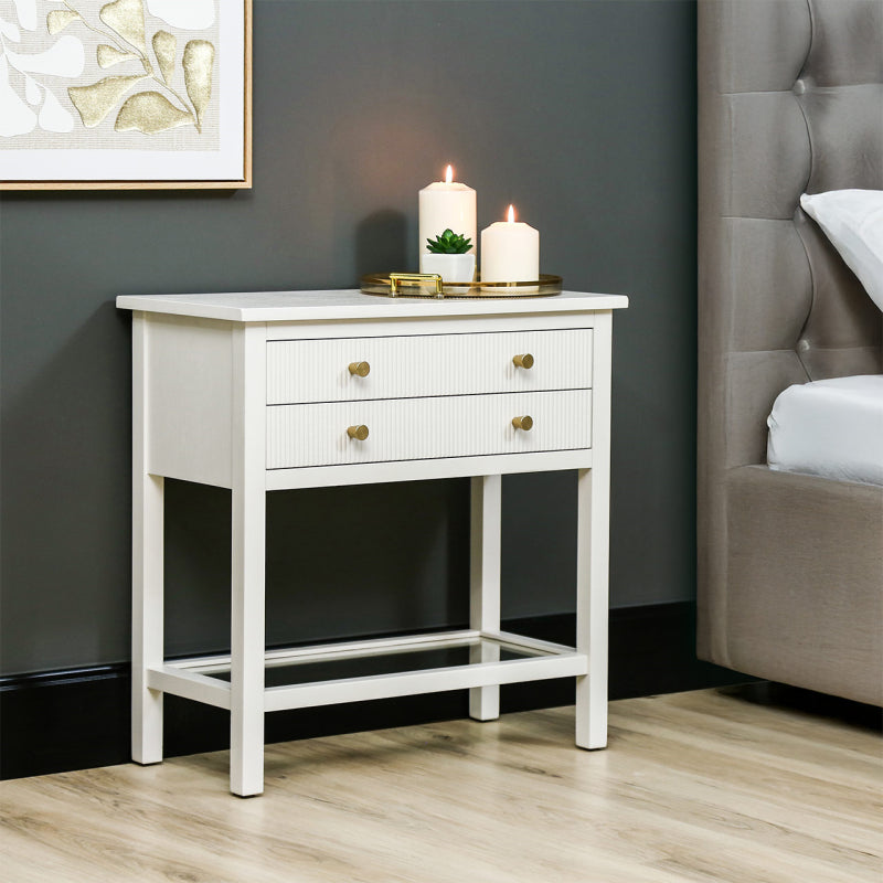 Lindon Frosty White 2 Drawer Bedside Cabinet with Clear Glass Shelf with Gold Handle