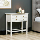 Lindon Frosty White 2 Drawer Bedside Cabinet with Clear Glass Shelf with Gold Handle