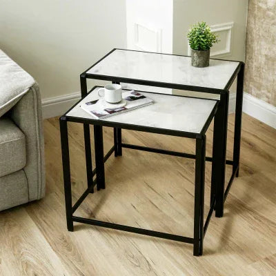 Set of 2 Black Metal Nesting Table with White Marble Top