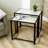 Set of 2 Black Metal Nesting Table with White Marble Top