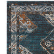 Corner detail of blue and orange patterned rug with geometric border design