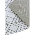 Beige and white geometric outdoor rug with detailed woven pattern corner fold