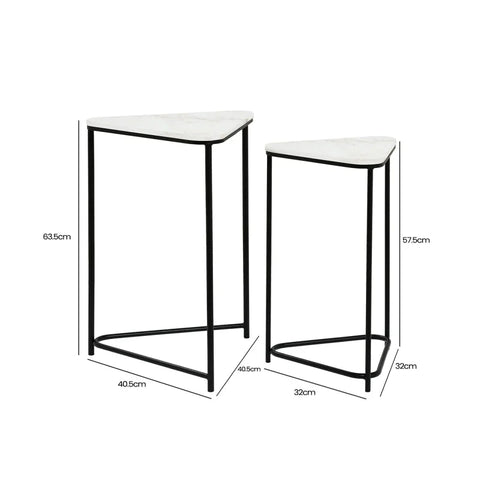 Set of 2 Black Metal Nesting Table with White Marble Top