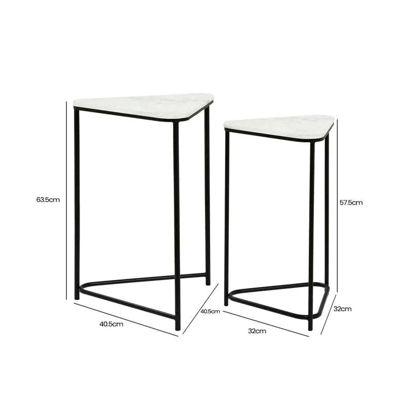 Set of 2 Black Metal Nesting Table with White Marble Top