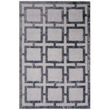 Grey geometric rug with square pattern and dark border, top-down view
