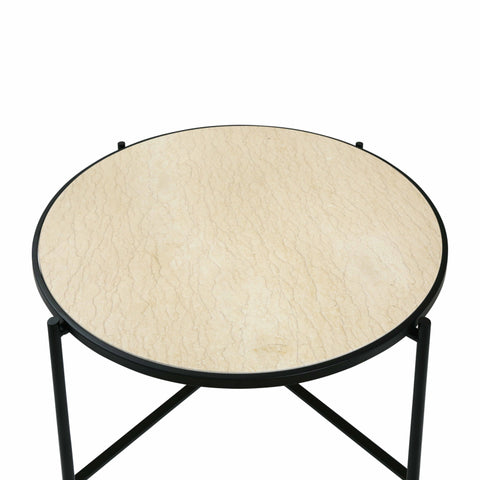 45cm Black Metal Coffee Table with Travertine Marble Top