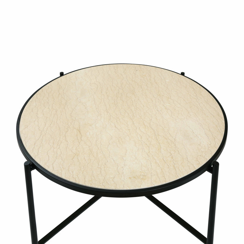 45cm Black Metal Coffee Table with Travertine Marble Top