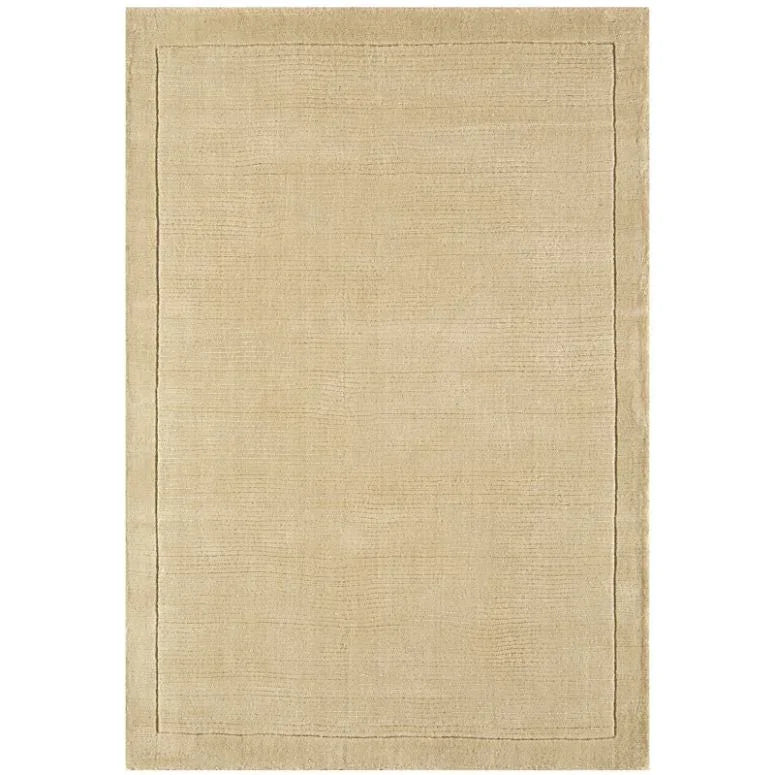 Beige area rug with subtle textured border, rectangular shape, viewed from above