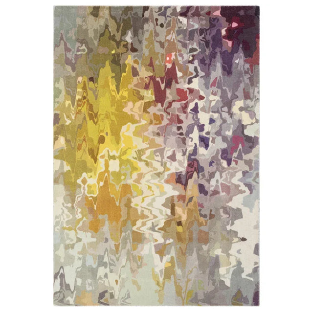 Abstract multicolor area rug with yellow, purple and grey pattern on white background
