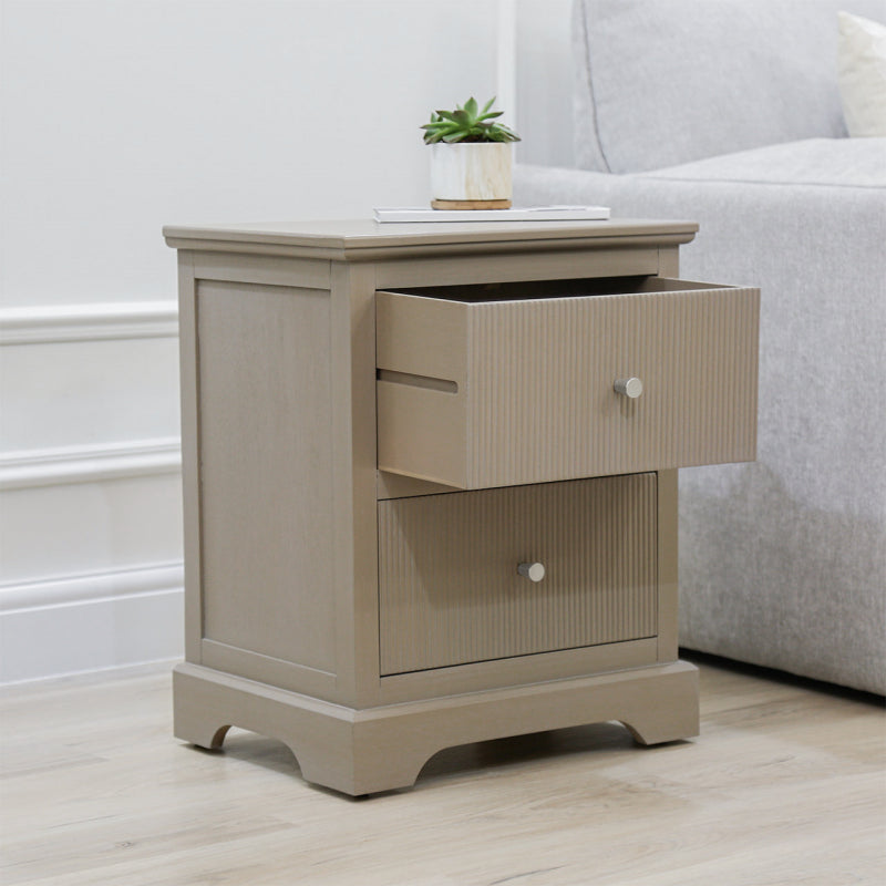 Lindon 2 Drawer Bedside Cabinet Taupe with Nickel Handles