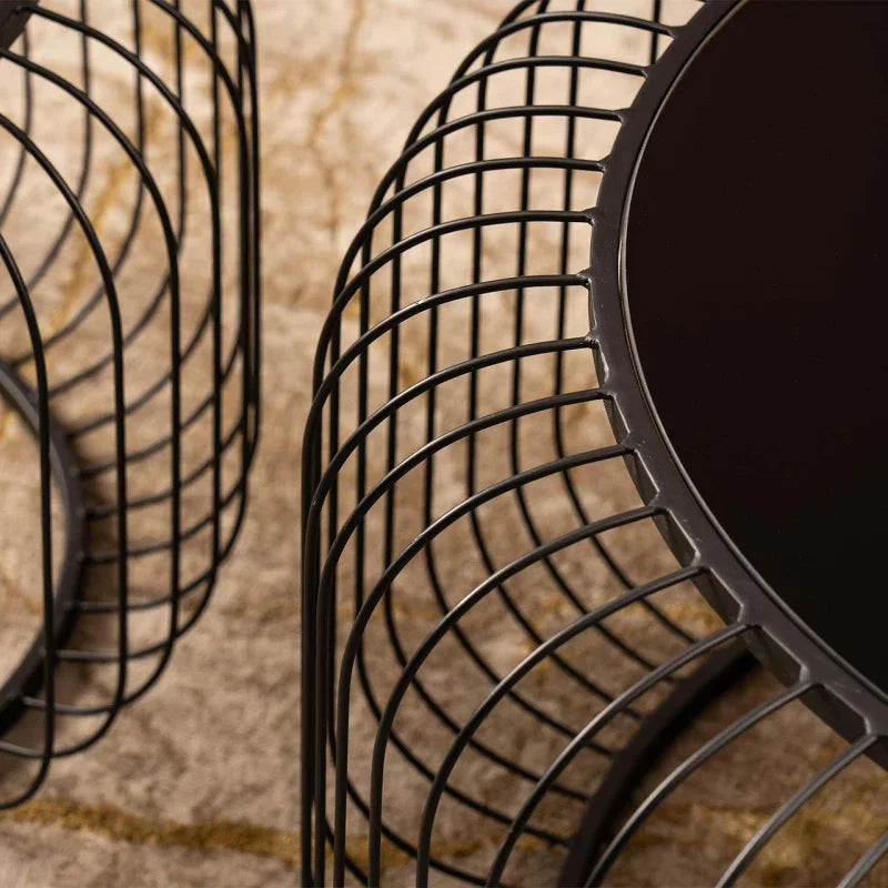 Set of 2 Black Metal Coffee Table with Black Glass Top