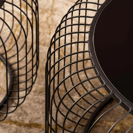 Set of 2 Black Metal Coffee Table with Black Glass Top