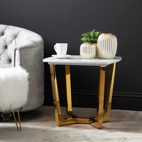 Meghan Gold Metal End Table with White Faux Marble Top