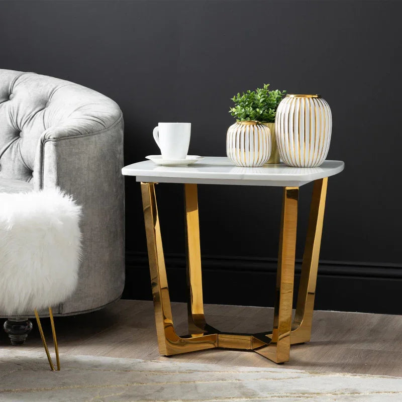 Meghan Gold Metal End Table with White Faux Marble Top