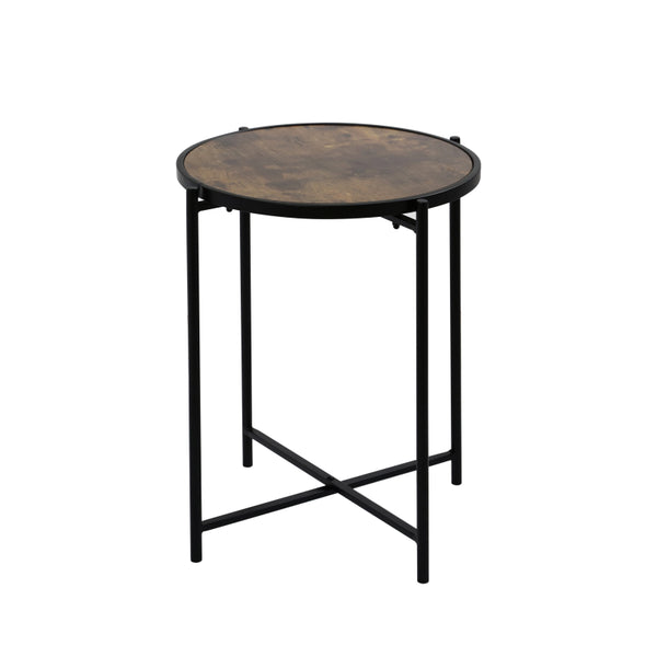 55cm Black Metal End Table with Brown Wooden Top