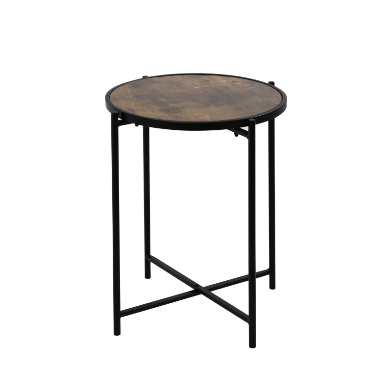 55cm Black Metal End Table with Brown Wooden Top