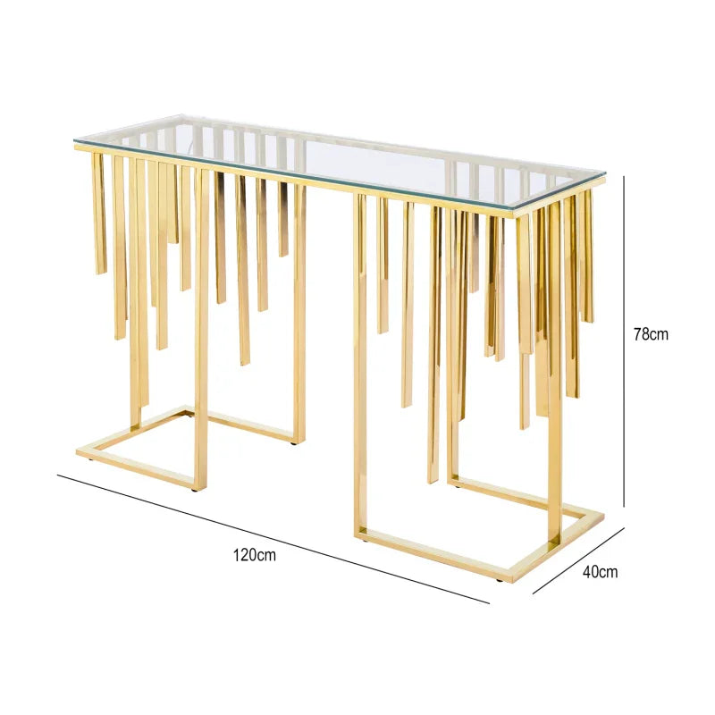 Owen Gold Metal Console Table with Clear Glass Top