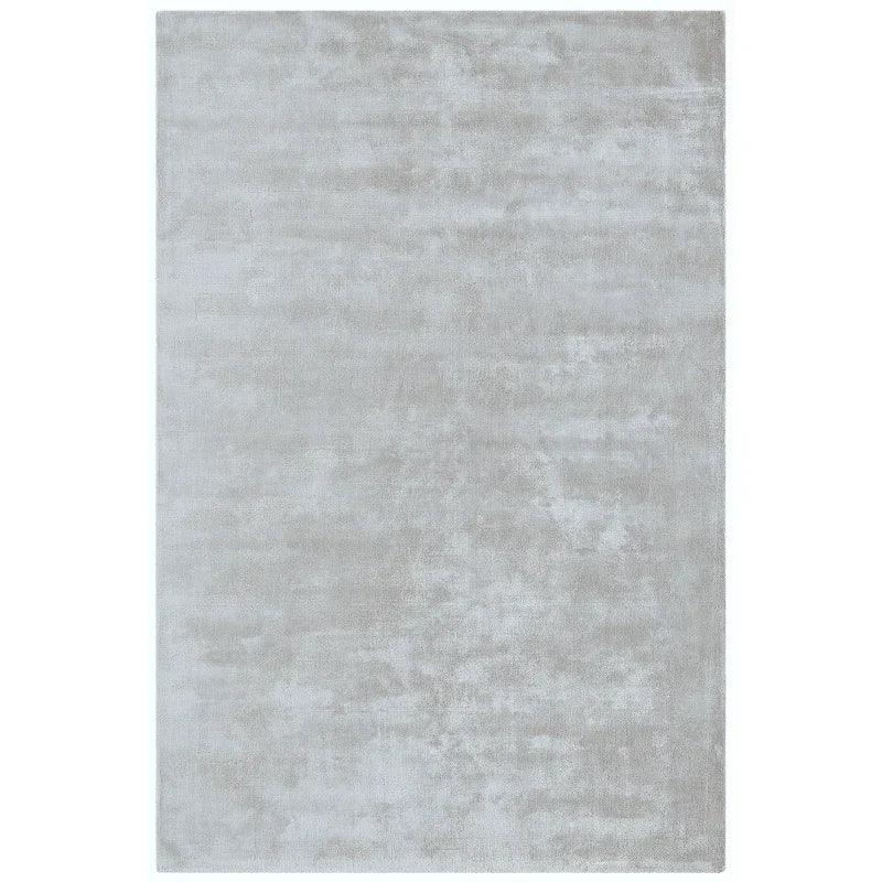 Light grey rectangular area rug with soft texture and subtle sheen