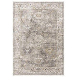 Grey patterned area rug with subtle floral and geometric border design