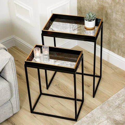 Set of 2 Antique Gold Leaves Nesting Table