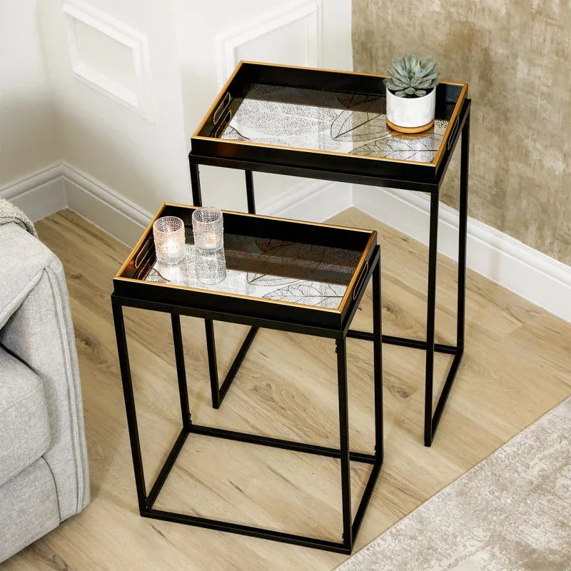 Set of 2 Antique Gold Leaves Nesting Table