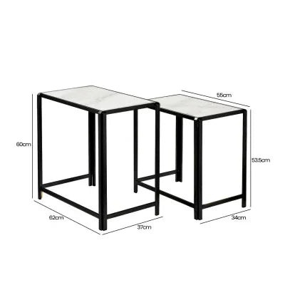 Set of 2 Black Metal Nesting Table with White Marble Top