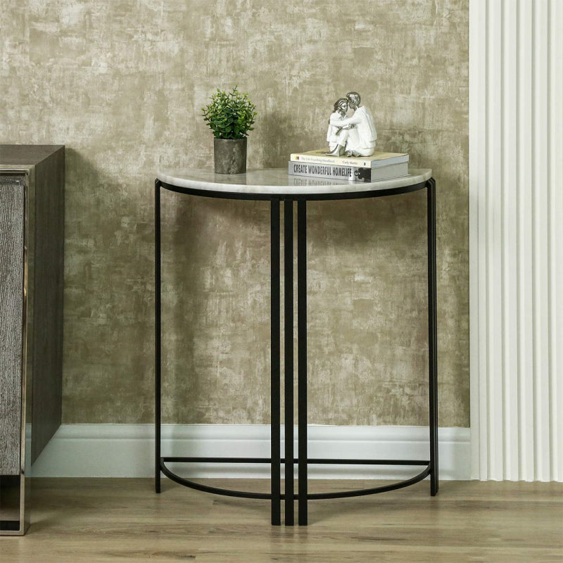 74cm Black Metal Console Table with White Marble Top