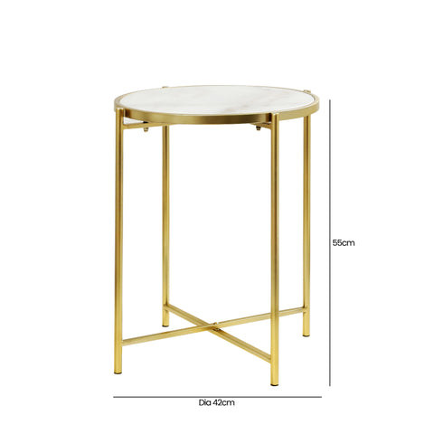 55cm Gold Metal End Table with White Marble Top