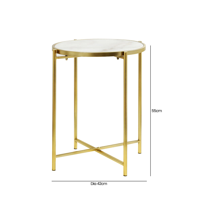 55cm Gold Metal End Table with White Marble Top