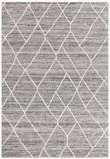 Grey area rug with white geometric diamond pattern and textured finish