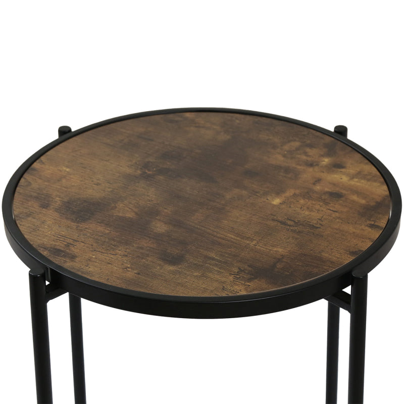 55cm Black Metal End Table with Brown Wooden Top