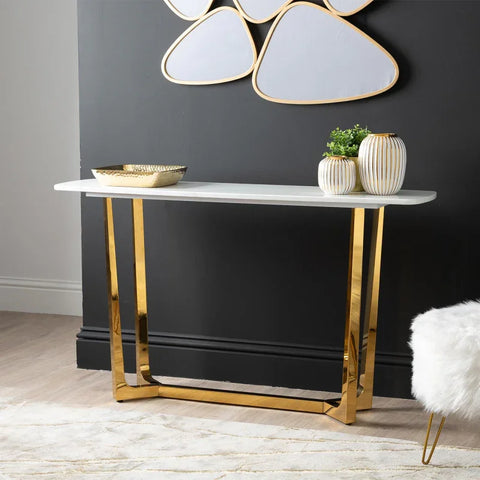 Meghan Gold Metal Console Table with White Faux Marble Top