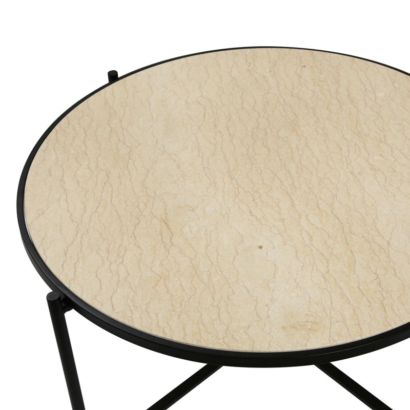 45cm Black Metal Coffee Table with Travertine Marble Top