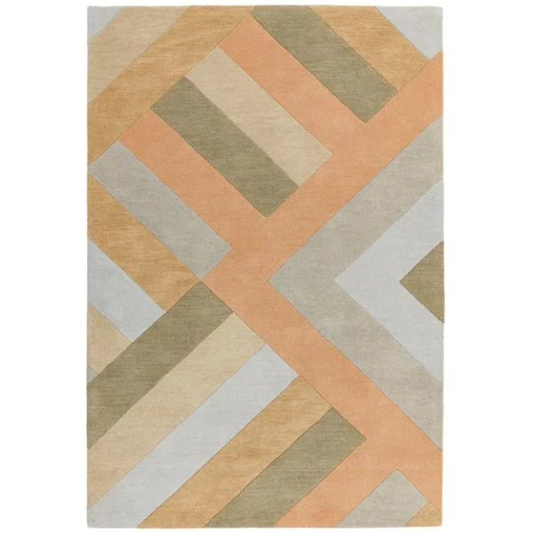 Geometric patterned area rug in peach, beige, and sage tones with intersecting lines