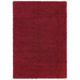 Plush red shaggy rug with soft textured surface, full view on white background