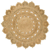 Round natural jute rug with intricate scalloped edge and woven pattern, top view