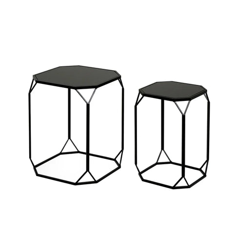 Set of 2 Black Metal Nesting Table with Black Mirror Top