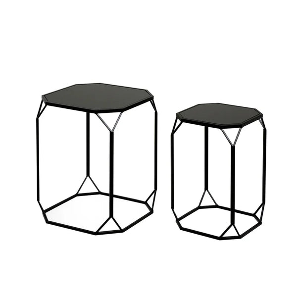 Set of 2 Black Metal Nesting Table with Black Mirror Top