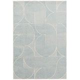 Blue and cream geometric rug with curved line pattern, top-down view